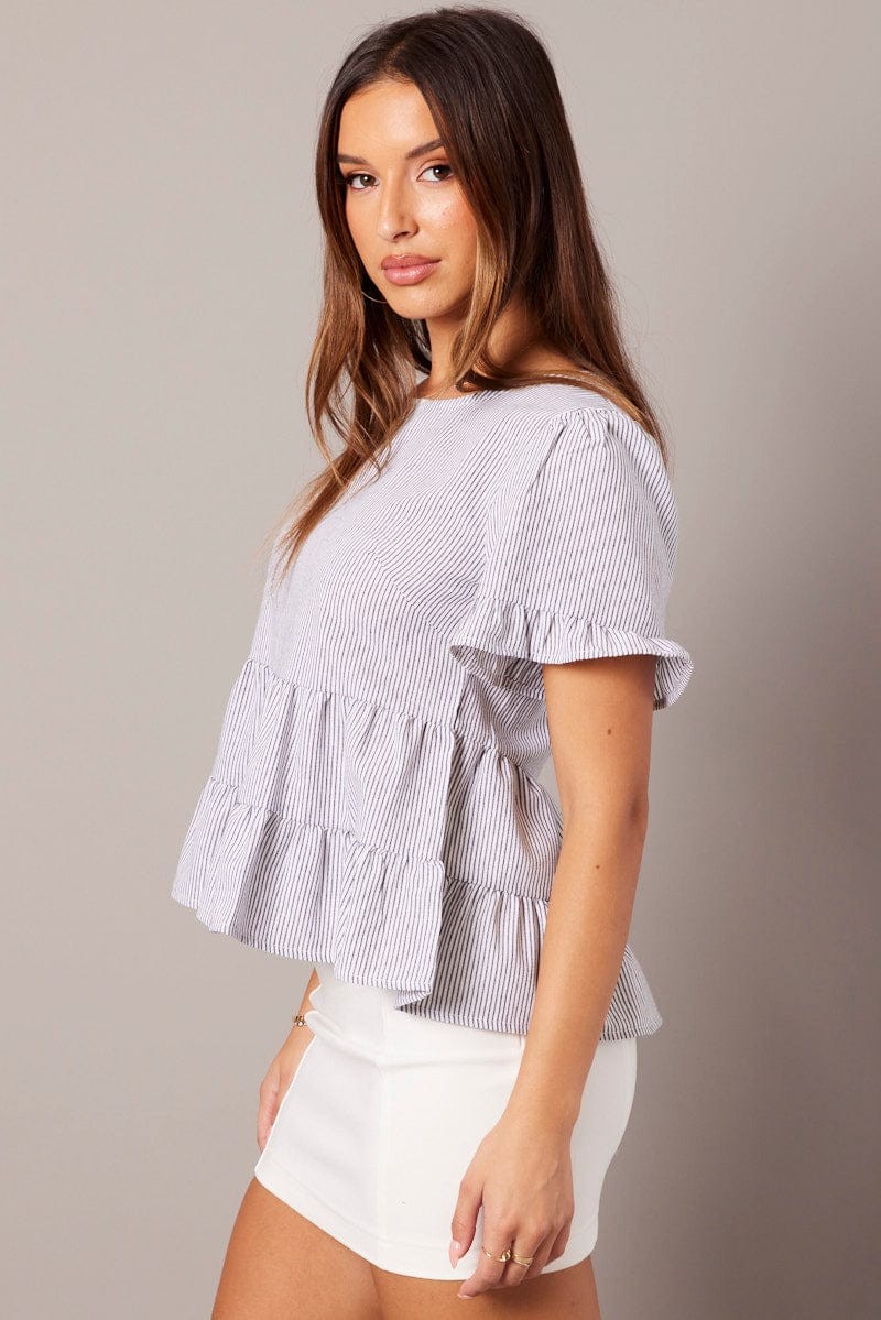 Black Stripe Ruffle Top Short Sleeve for Ally Fashion