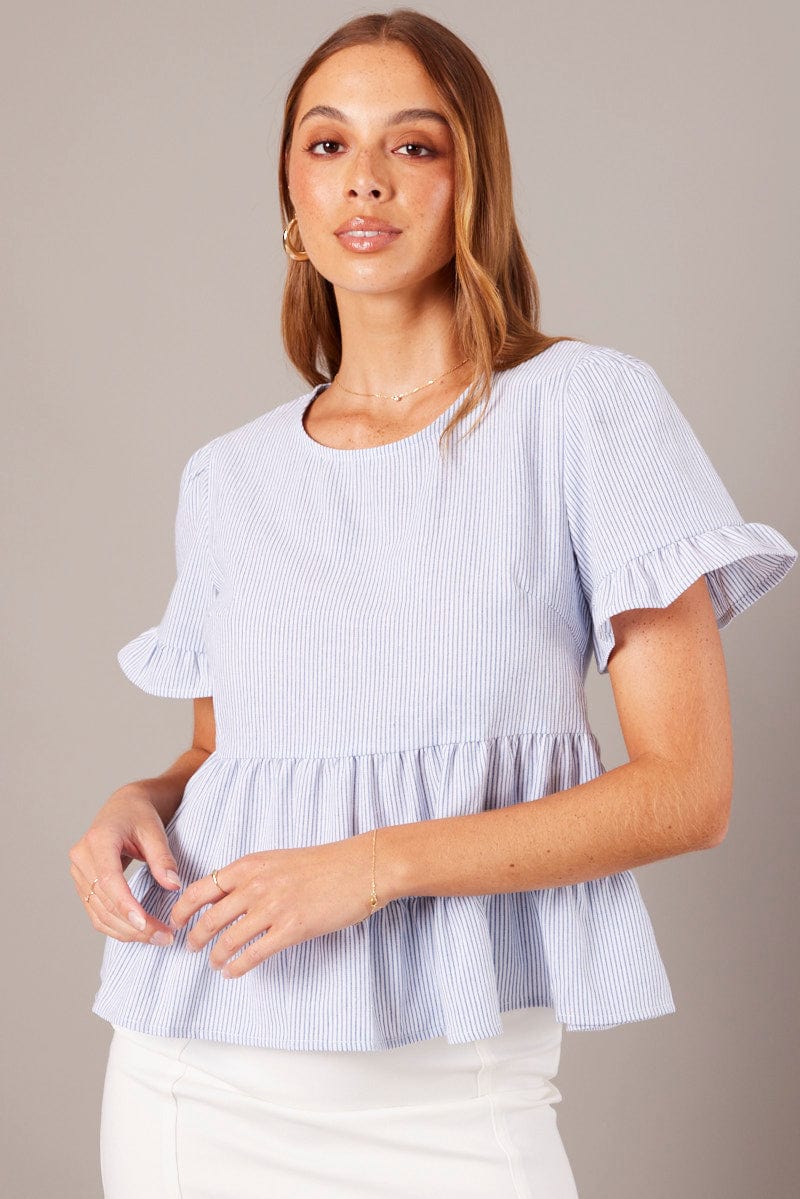 Blue Stripe Ruffle Top Short Sleeve for Ally Fashion