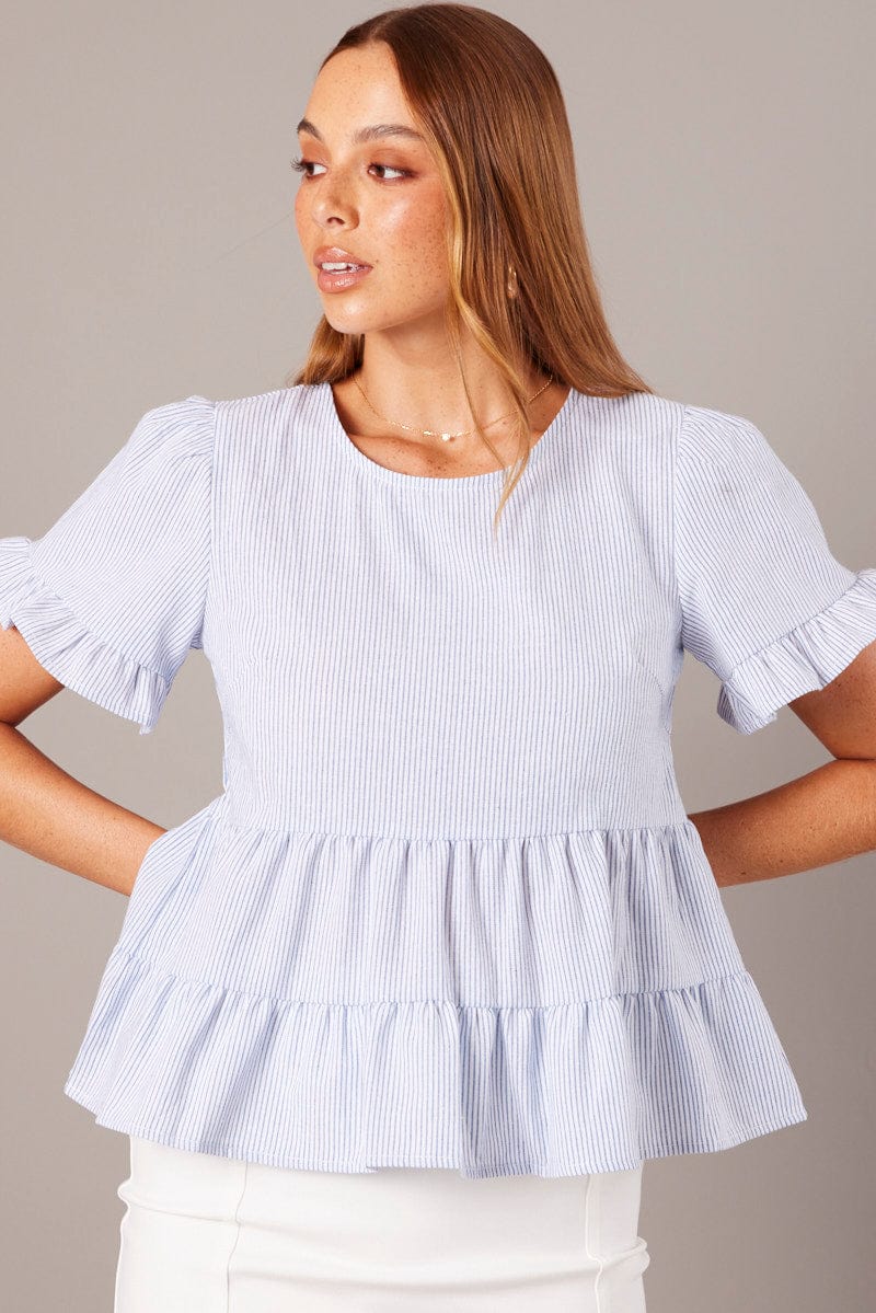 Blue Stripe Ruffle Top Short Sleeve for Ally Fashion