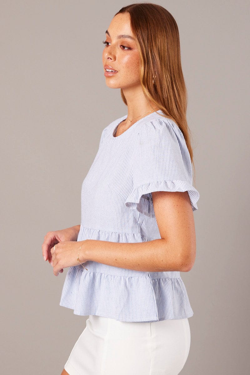 Blue Stripe Ruffle Top Short Sleeve for Ally Fashion