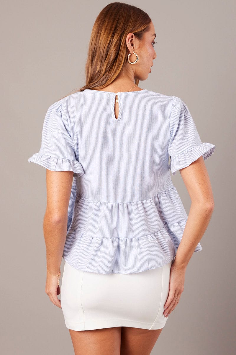 Blue Stripe Ruffle Top Short Sleeve for Ally Fashion