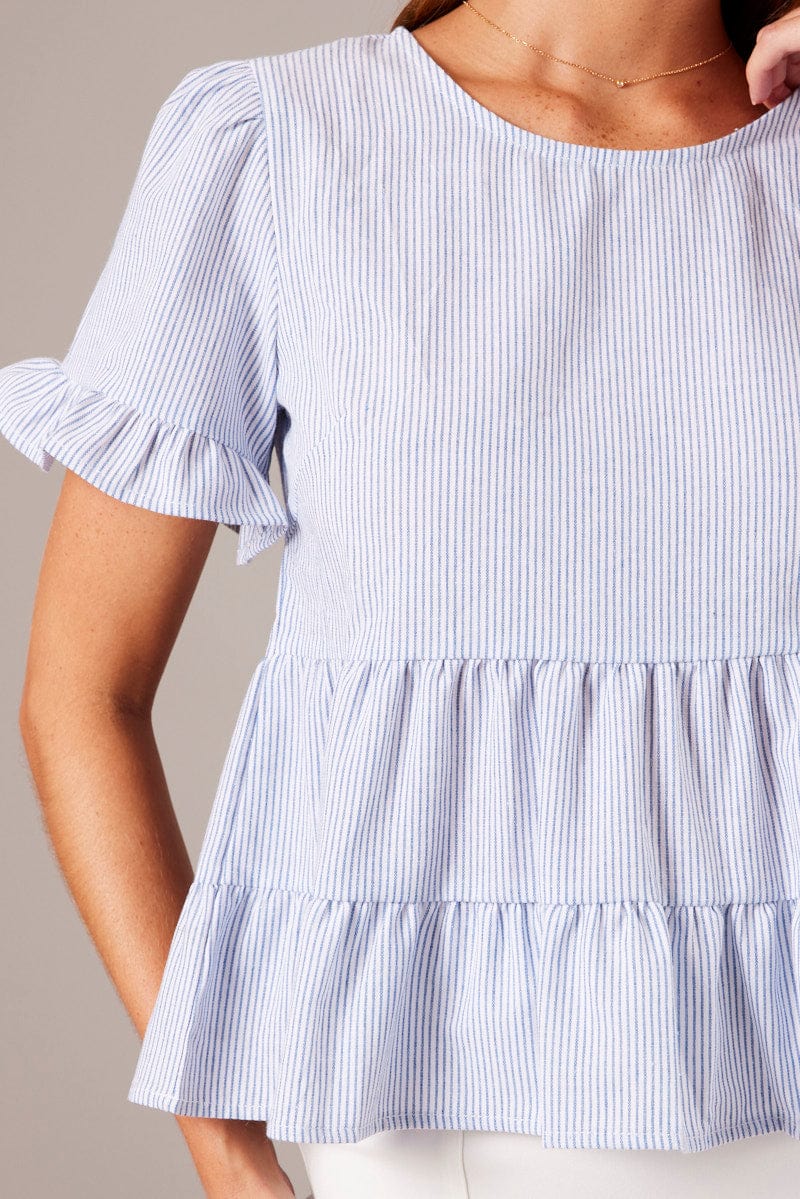 Blue Stripe Ruffle Top Short Sleeve for Ally Fashion