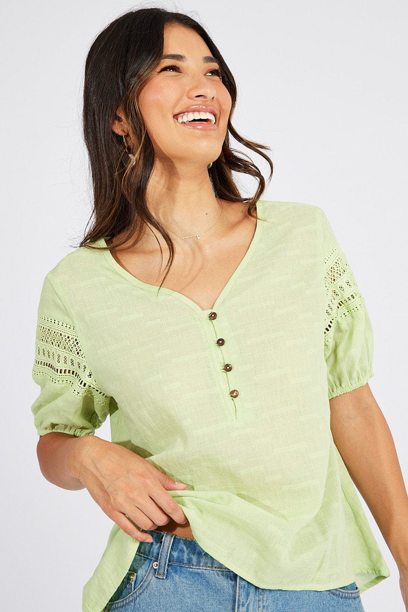 Green Top lace details sleeve texture cotton for Ally Fashion