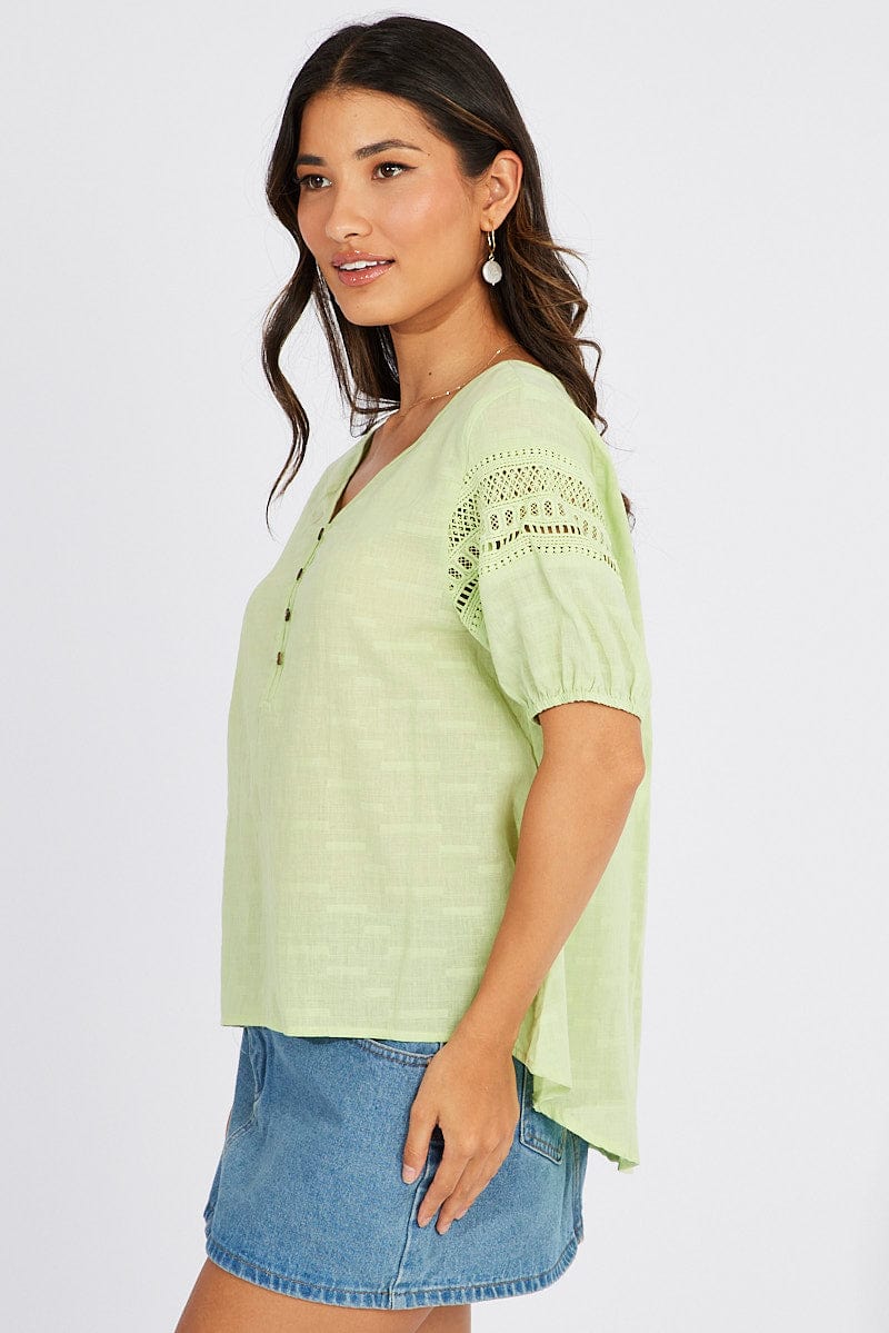 Green Top lace details sleeve texture cotton for Ally Fashion