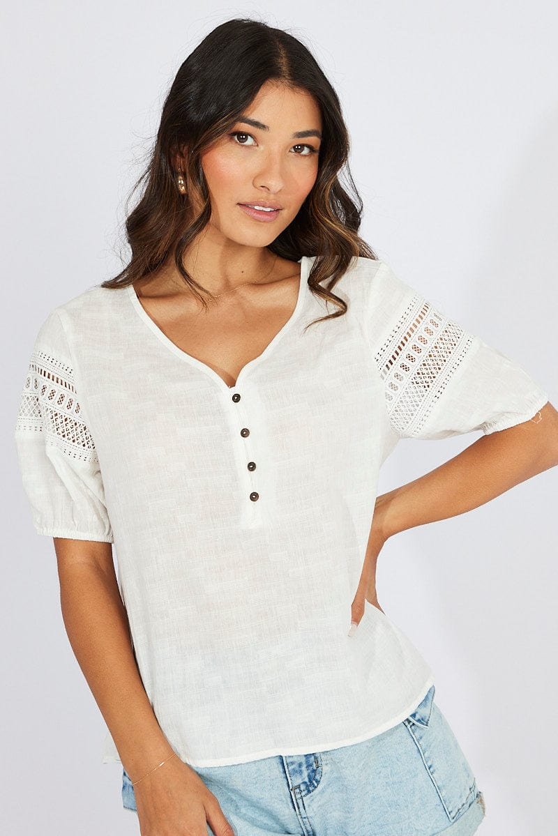 White Top lace details sleeve texture cotton for Ally Fashion