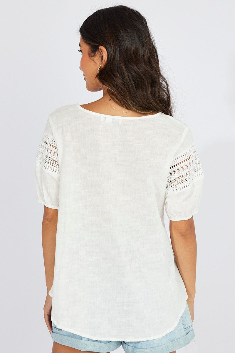 White Top lace details sleeve texture cotton | Ally Fashion