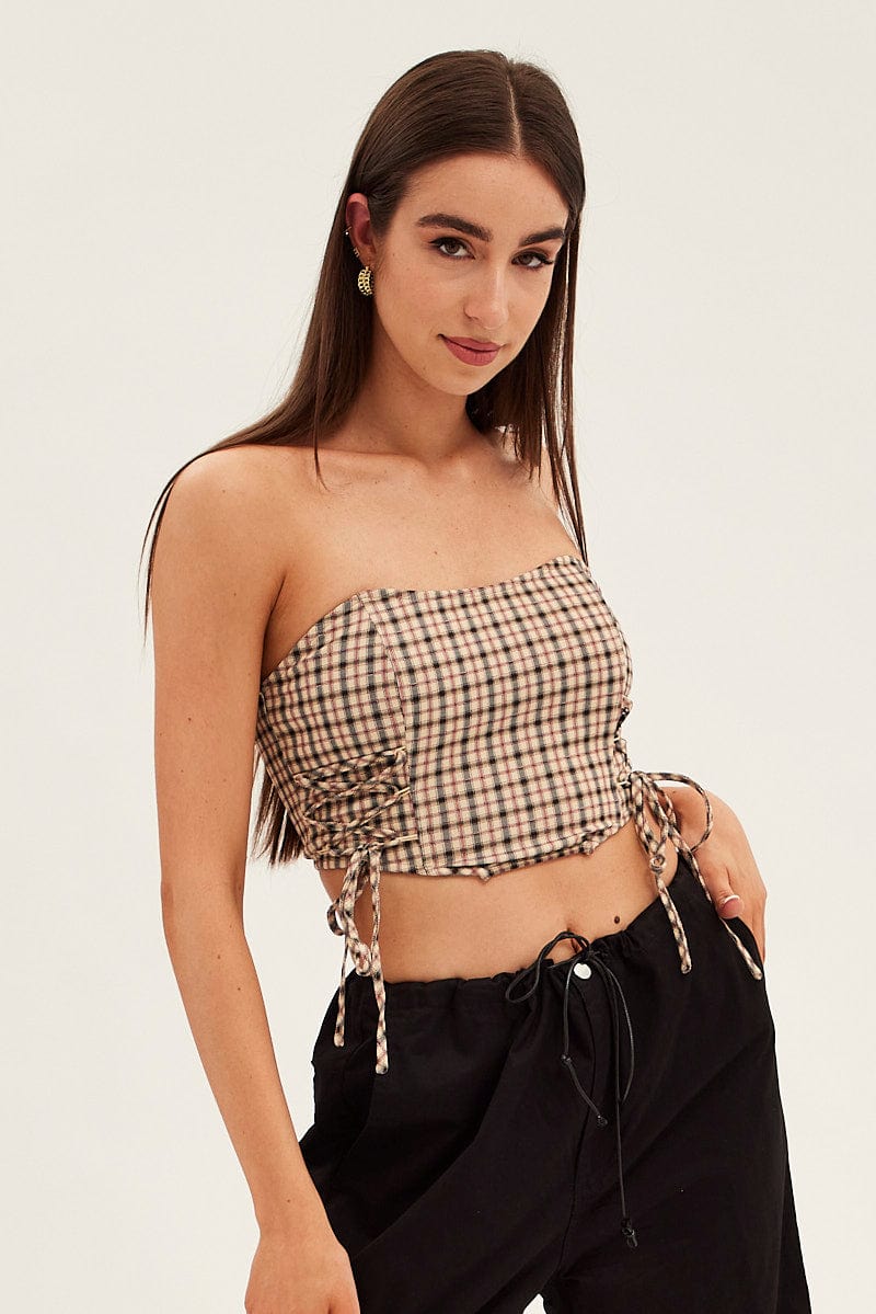 Brown Check Corset Top Strapless Crop Structured Tie Up Detail for Ally Fashion