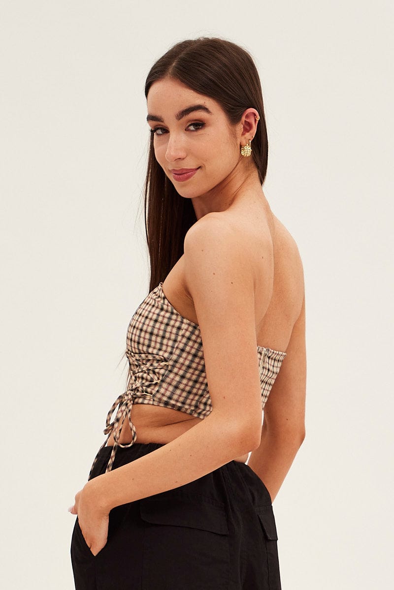 Brown Check Corset Top Strapless Crop Structured Tie Up Detail for Ally Fashion