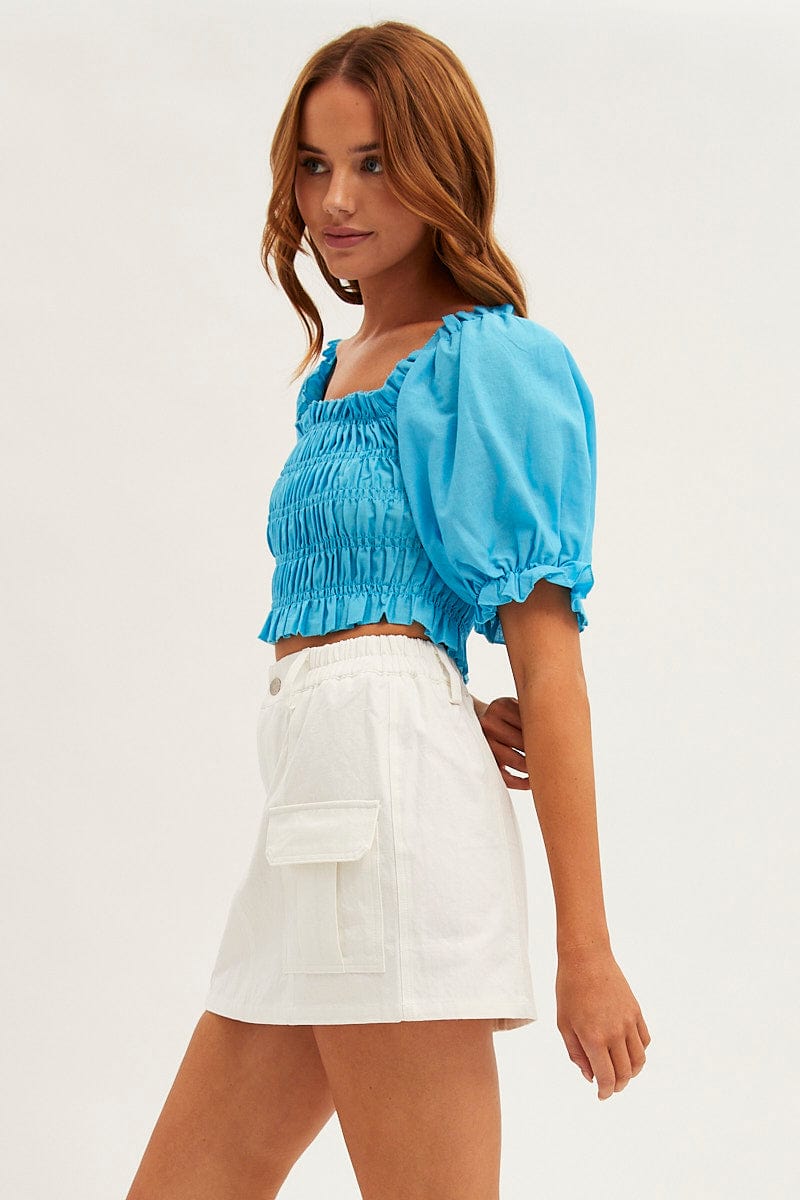 Blue Crop Top Short Sleeve Square Neck Linen Blend for Ally Fashion