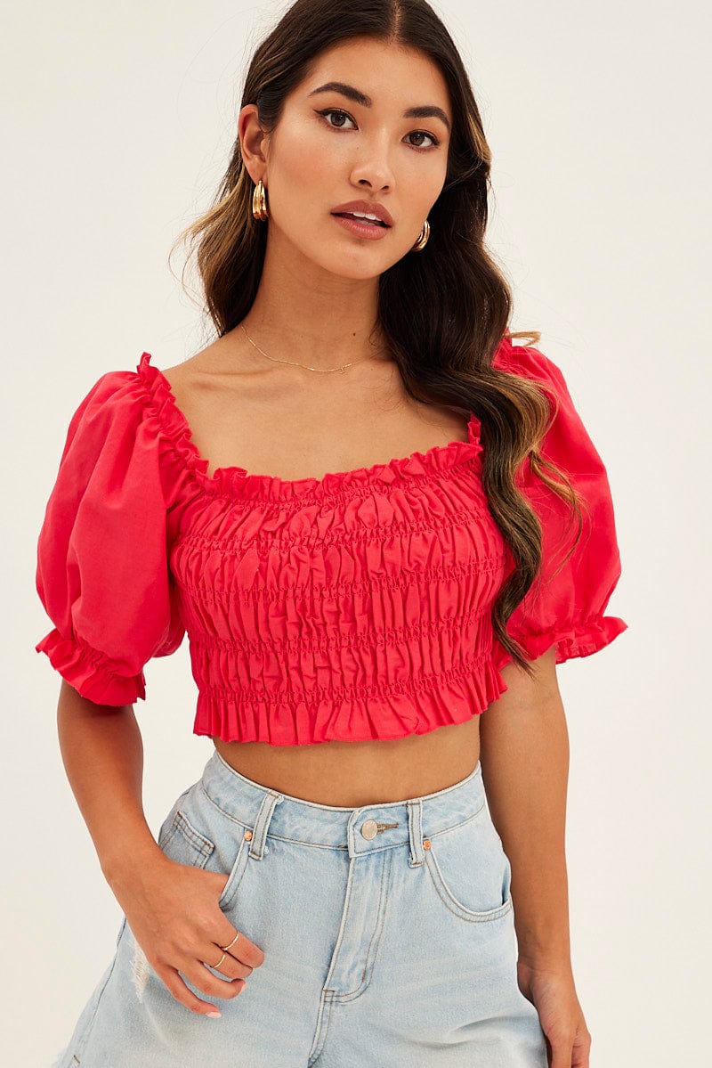 Red Crop Top Short Sleeve Square Neck Linen Blend for Ally Fashion