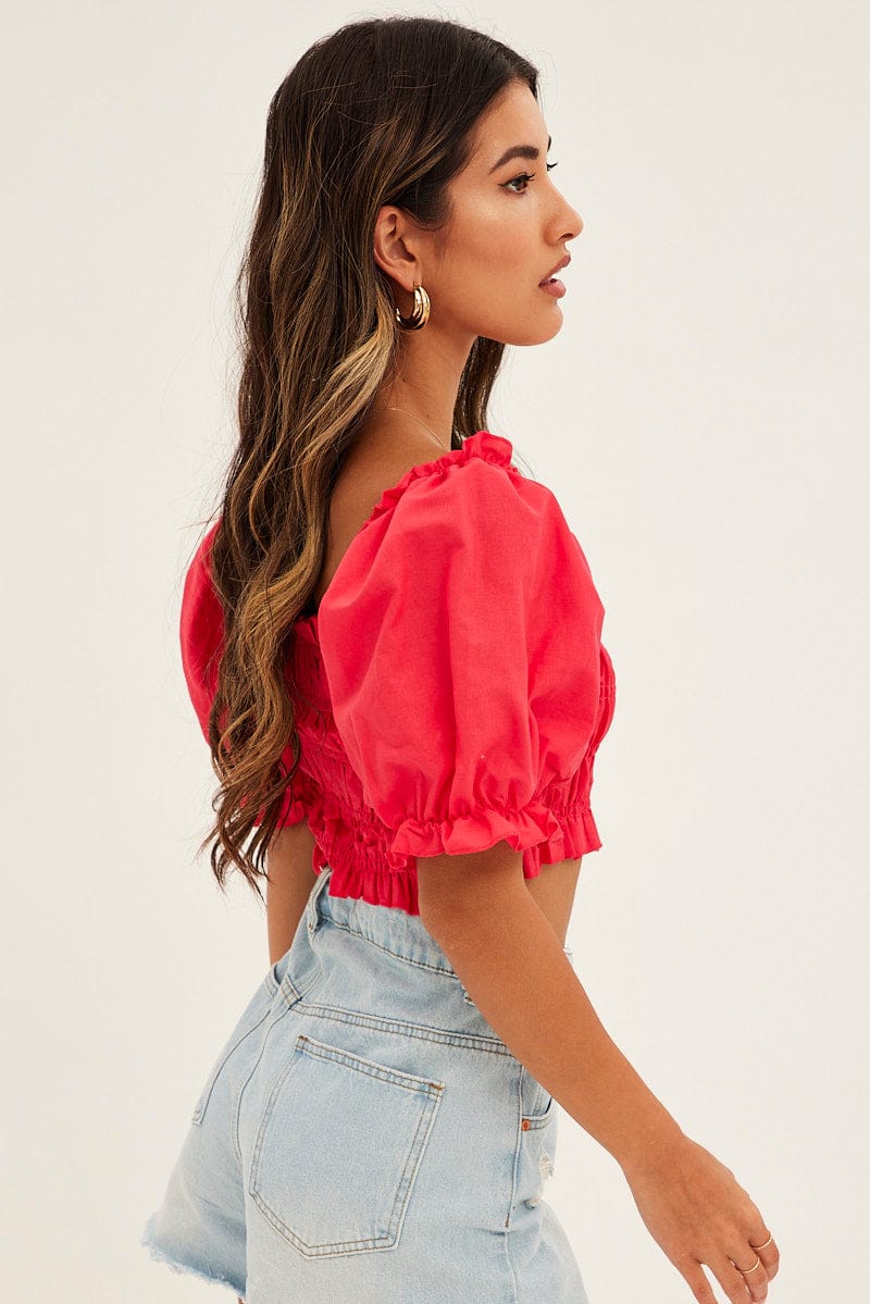 Red Crop Top Short Sleeve Square Neck Linen Blend for Ally Fashion