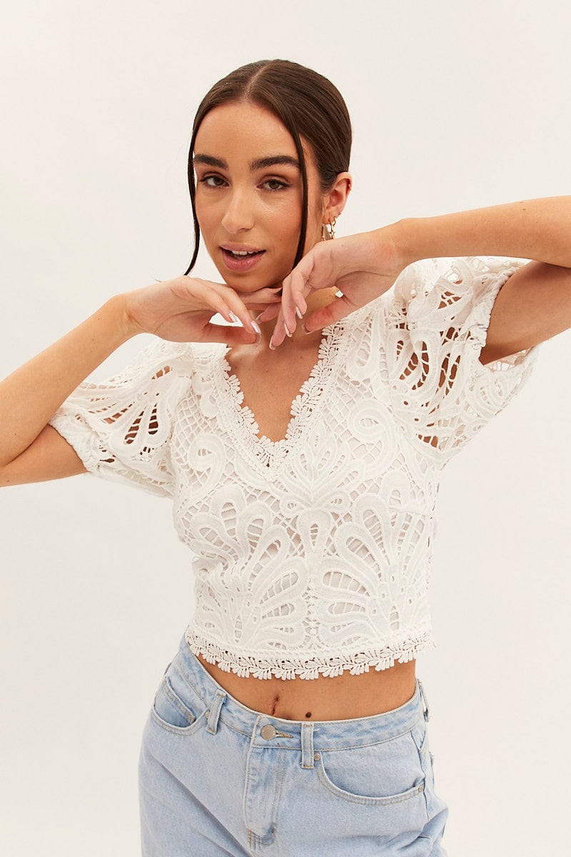 White Lace Top Short Sleeve V Neck Crop for Ally Fashion