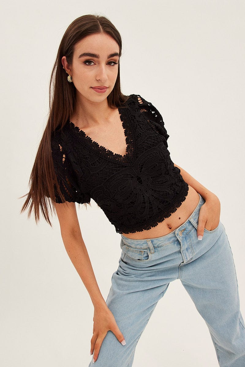 Black Lace Top Short Sleeve V Neck Crop for Ally Fashion