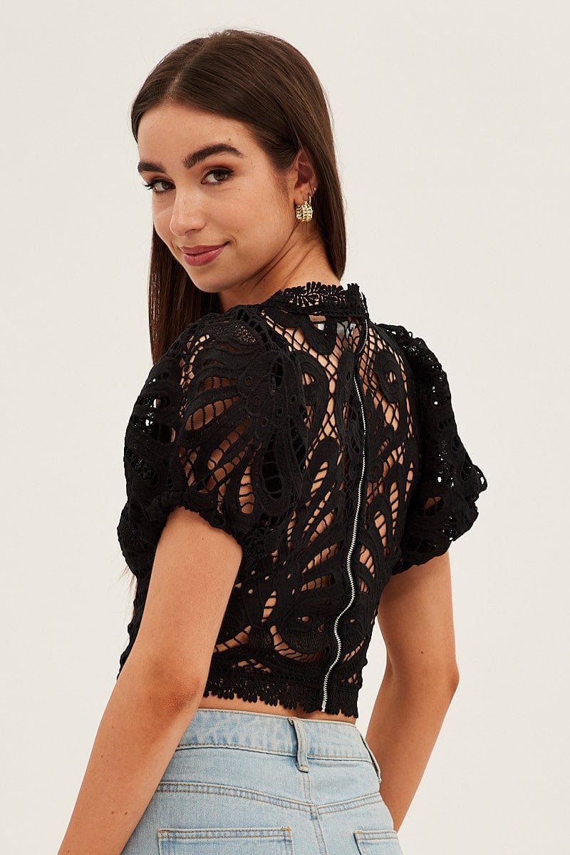 Black Lace Top Short Sleeve V Neck Crop for Ally Fashion