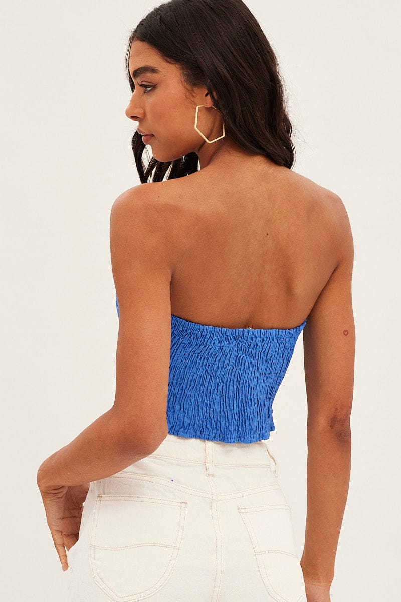Blue Corset Bandeau Top Strapless Crop Shirred Back for Ally Fashion