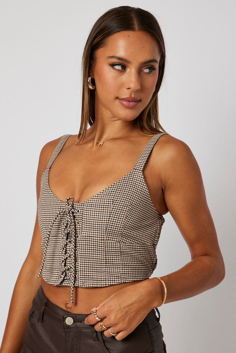Brown Check Corset Top Sleeveless Lace Up for Ally Fashion