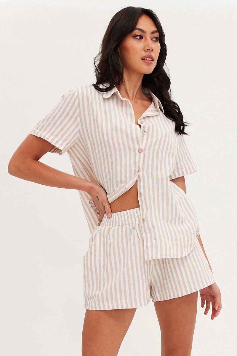 Beige Stripe Oversized Shirt Short Sleeve Collared Button Up for Ally Fashion