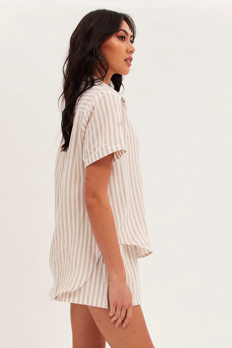 Beige Stripe Oversized Shirt Short Sleeve Collared Button Up for Ally Fashion