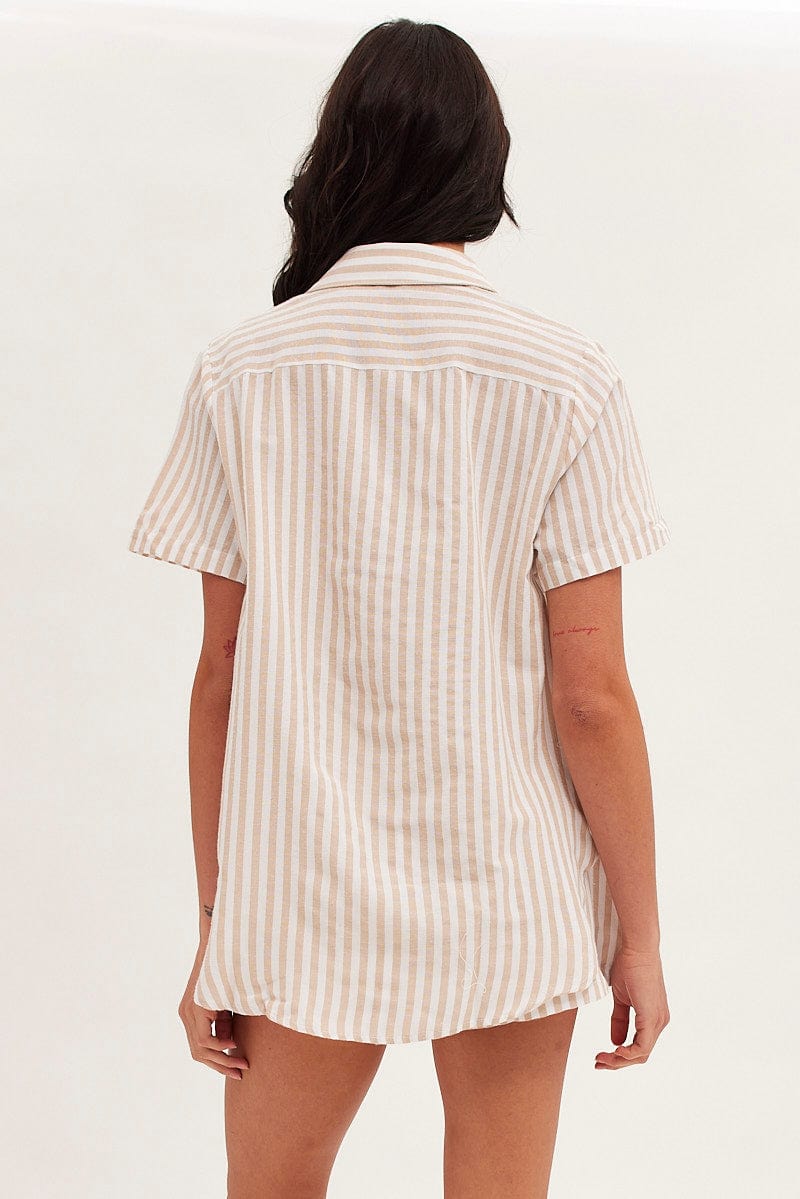Beige Stripe Oversized Shirt Short Sleeve Collared Button Up for Ally Fashion