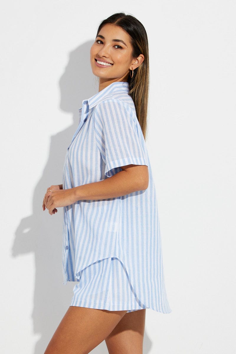 Blue Stripe Oversized Shirt Short Sleeve Collared Button Up for Ally Fashion