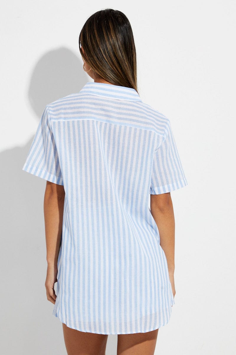 Blue Stripe Oversized Shirt Short Sleeve Collared Button Up for Ally Fashion