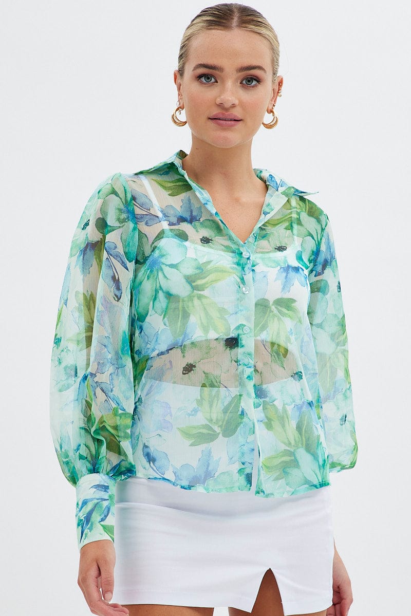 Green Floral Long Sleeve Shirt Chiffon Collared for Ally Fashion