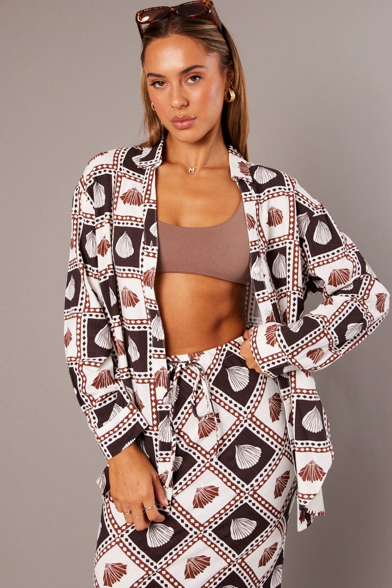 Brown Abstract Relaxed Shirt Long Sleeve Linen Blend for Ally Fashion