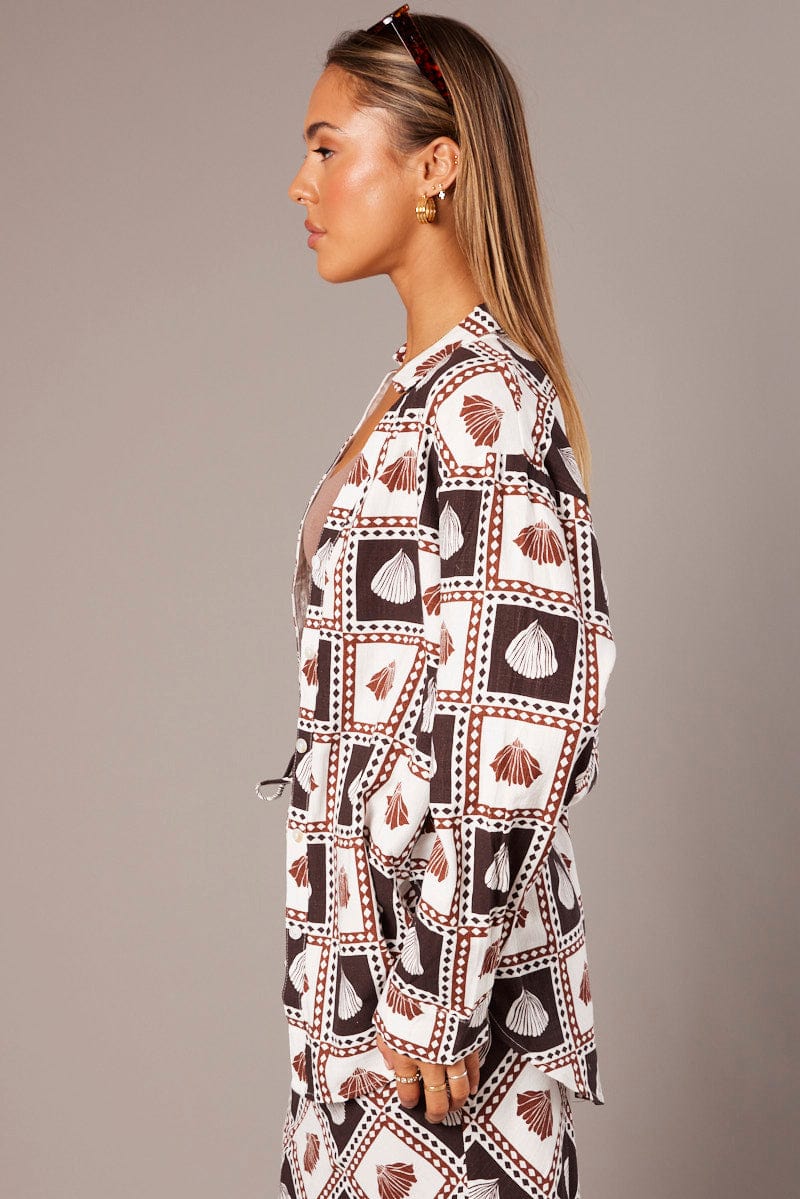 Brown Abstract Relaxed Shirt Long Sleeve Linen Blend for Ally Fashion
