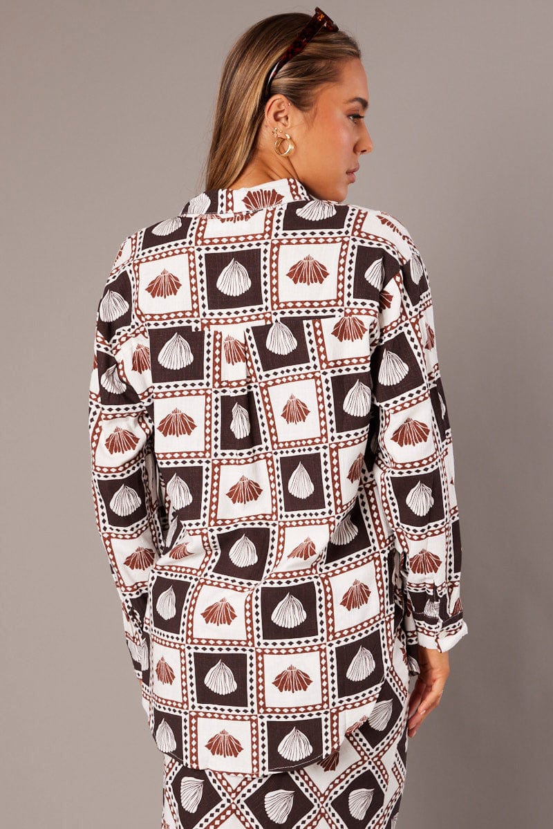 Brown Abstract Relaxed Shirt Long Sleeve Linen Blend for Ally Fashion