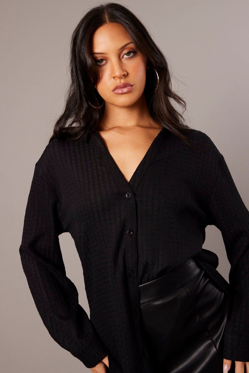 Black Relaxed Shirt Long Sleeve Textured for Ally Fashion