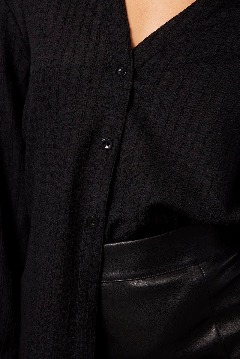 Black Relaxed Shirt Long Sleeve Textured for Ally Fashion