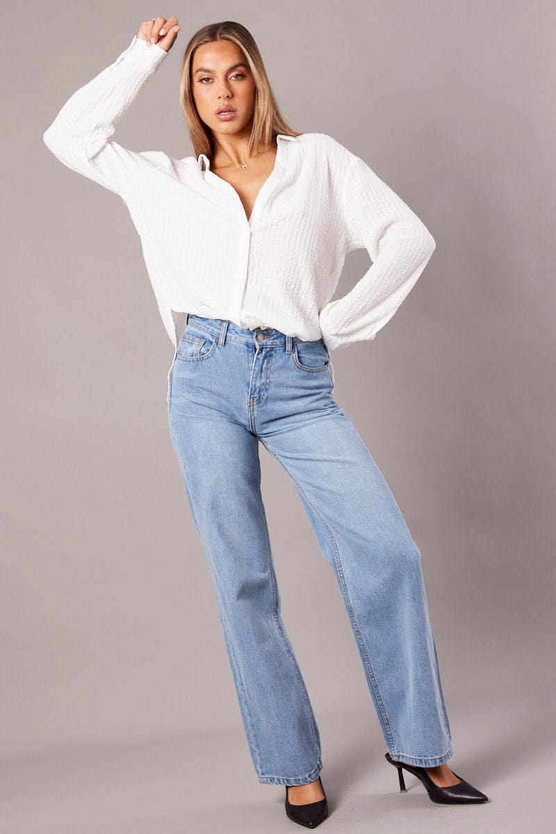 White Relaxed Shirt Long Sleeve Textured for Ally Fashion