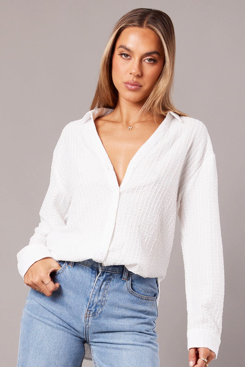White Relaxed Shirt Long Sleeve Textured for Ally Fashion