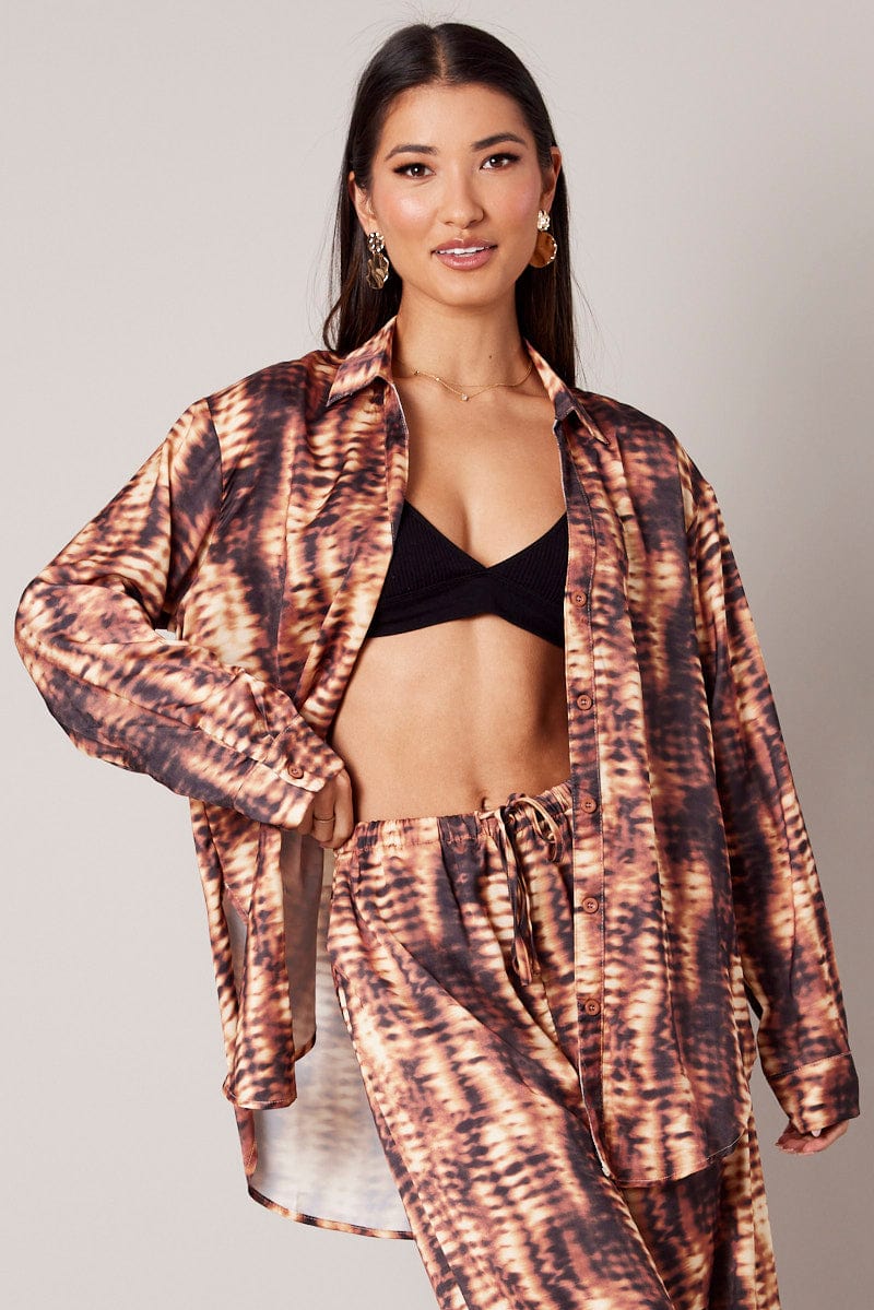 Brown Abstract Relaxed Shirt Long Sleeve Satin for Ally Fashion