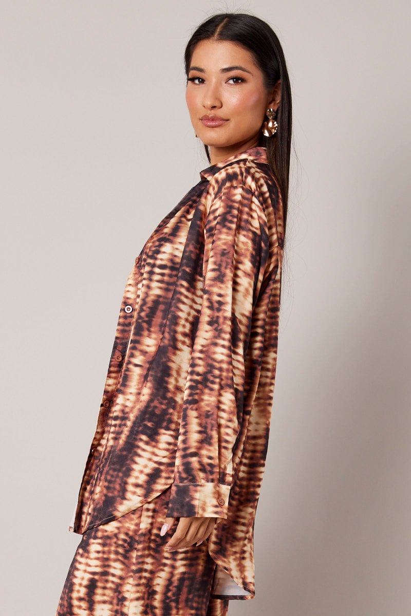 Brown Abstract Relaxed Shirt Long Sleeve Satin for Ally Fashion