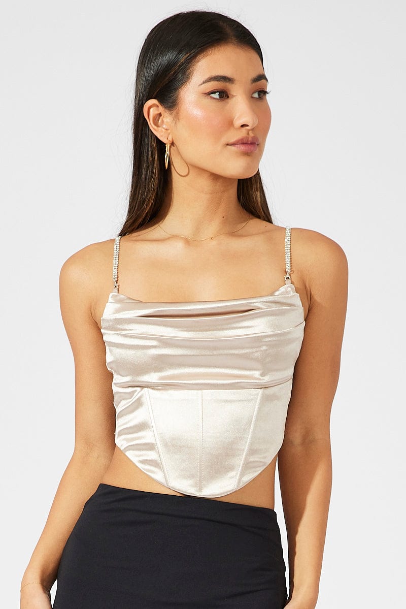 Beige Satin Cami Sleeveless Diamante Strap for Ally Fashion