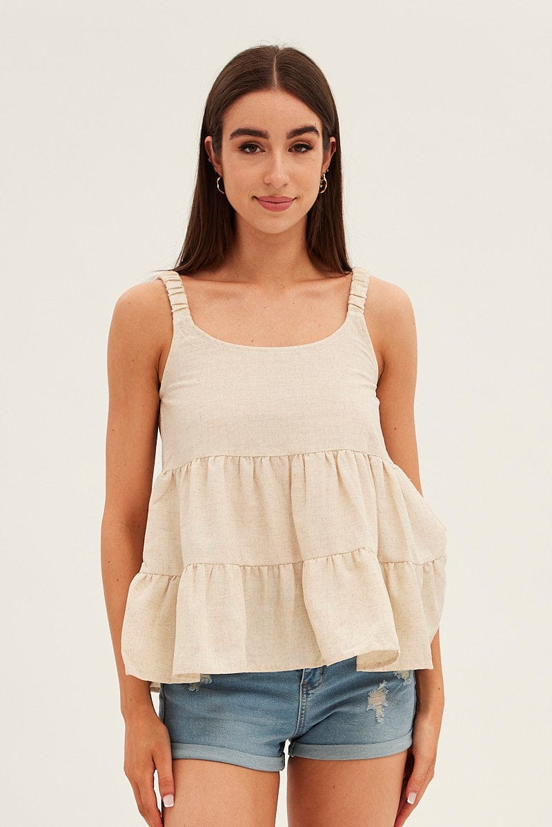 Beige Tiered Top Sleeveless Scoop Neck Linen Blend for Ally Fashion