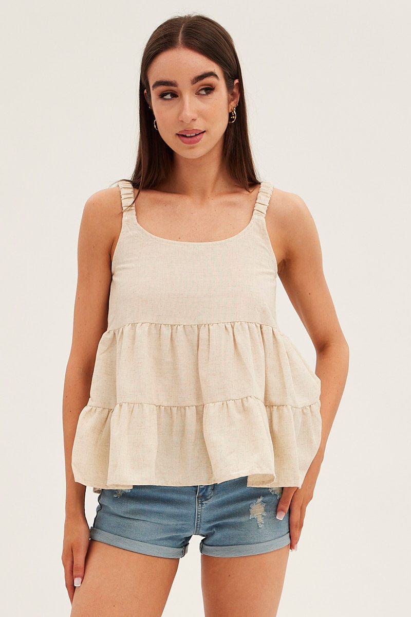Beige Tiered Top Sleeveless Scoop Neck Linen Blend for Ally Fashion