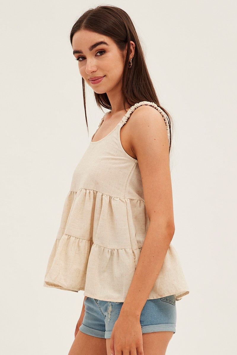 Beige Tiered Top Sleeveless Scoop Neck Linen Blend for Ally Fashion