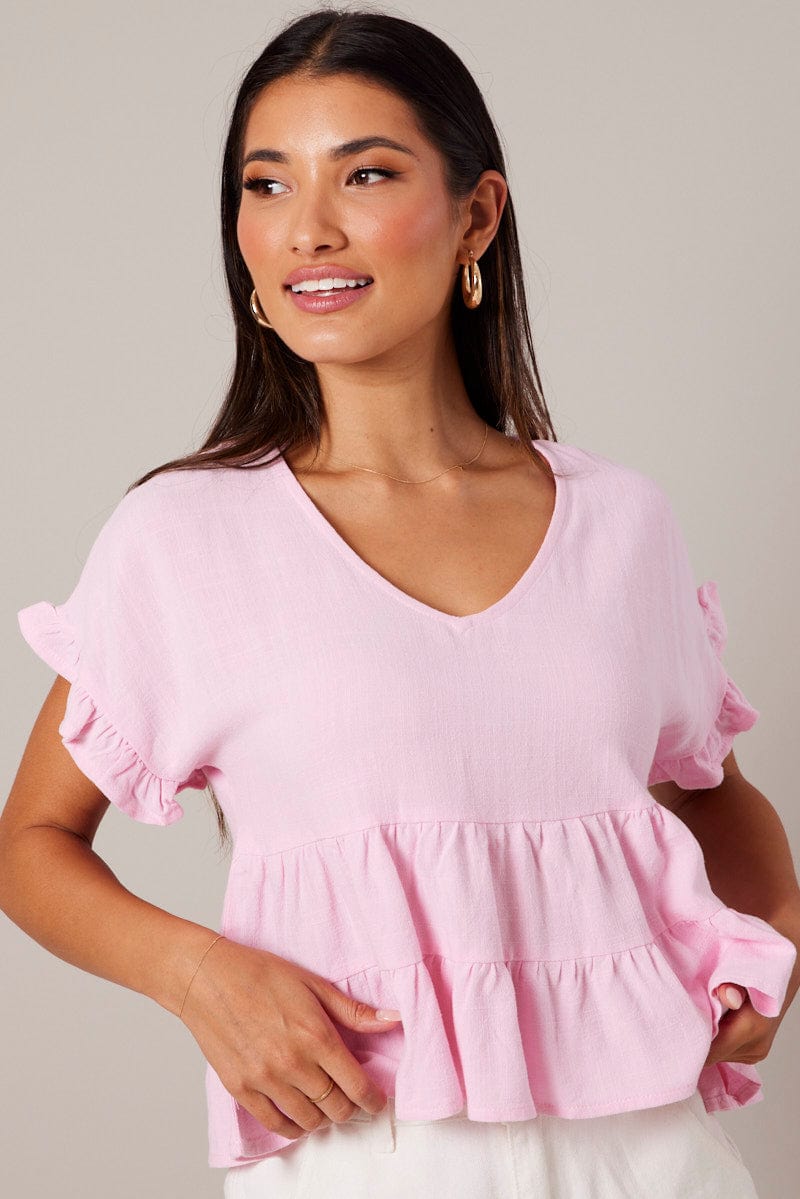 Pink Tiered Top Short Sleeve for Ally Fashion