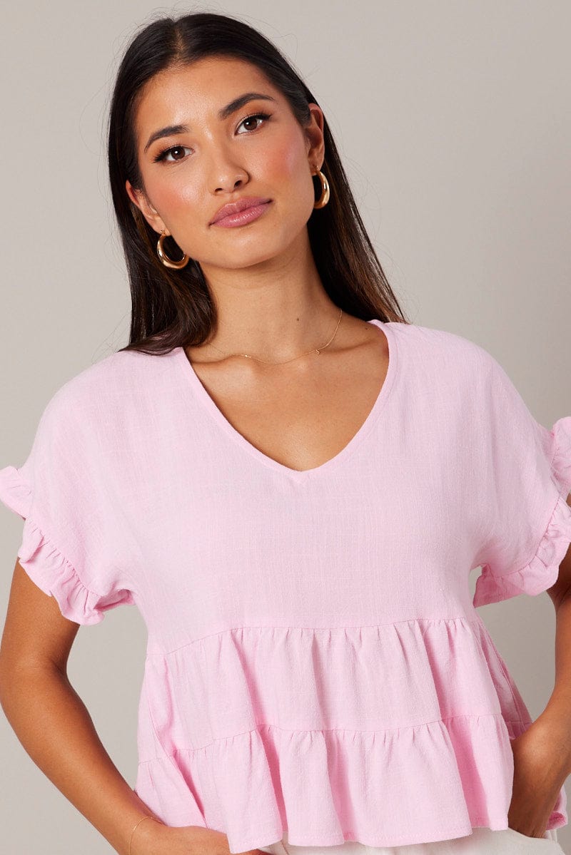 Pink Tiered Top Short Sleeve for Ally Fashion