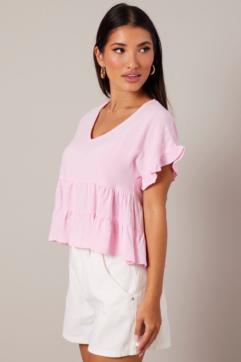 Pink Tiered Top Short Sleeve for Ally Fashion