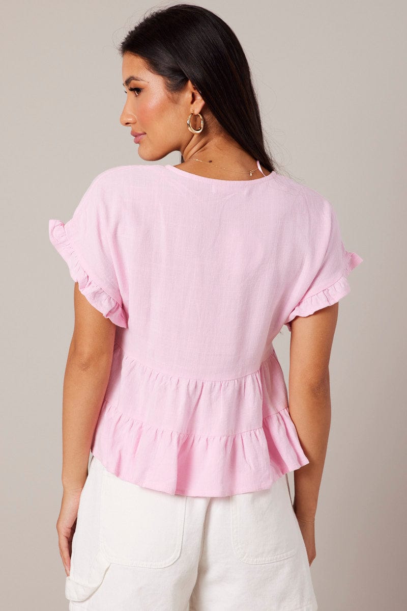 Pink Tiered Top Short Sleeve for Ally Fashion