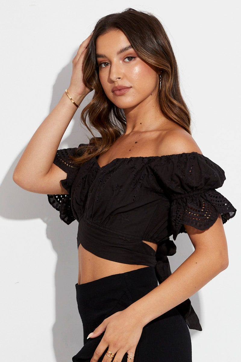 Black Crop Top Short Sleeve Tie Back Eyelet for Ally Fashion
