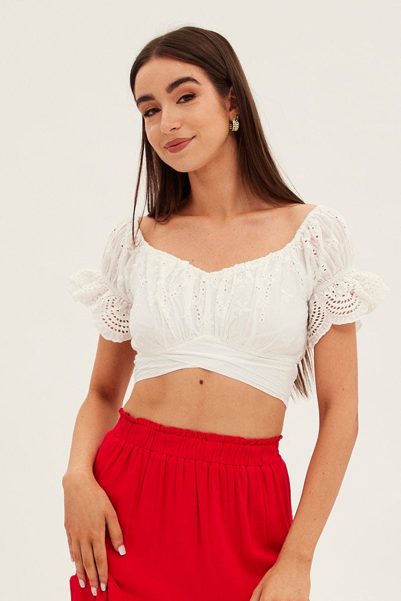 White Crop Top Short Sleeve Tie Back Eyelet for Ally Fashion