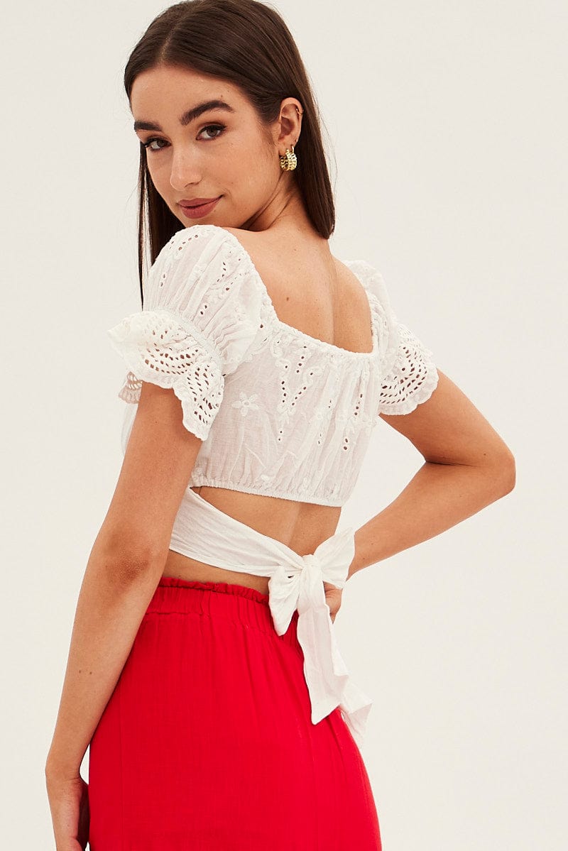 White Crop Top Short Sleeve Tie Back Eyelet for Ally Fashion