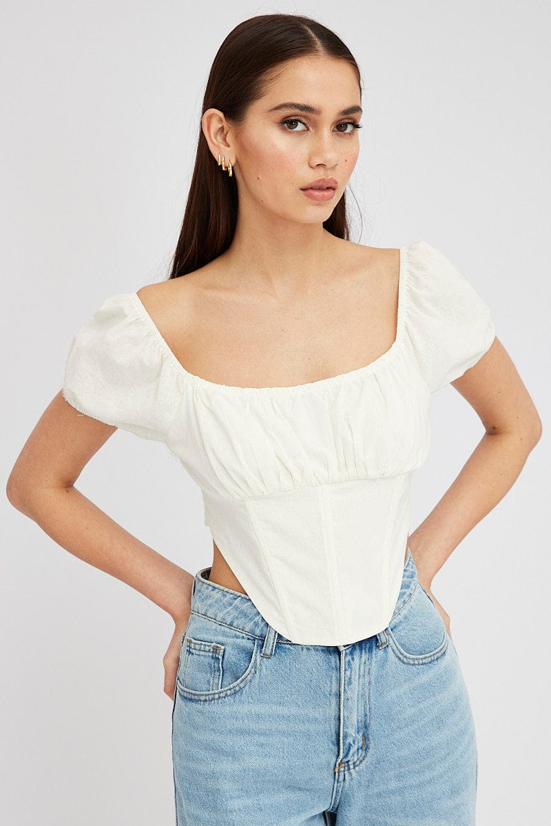 White Crop Top Short Sleeve Square Neck for Ally Fashion