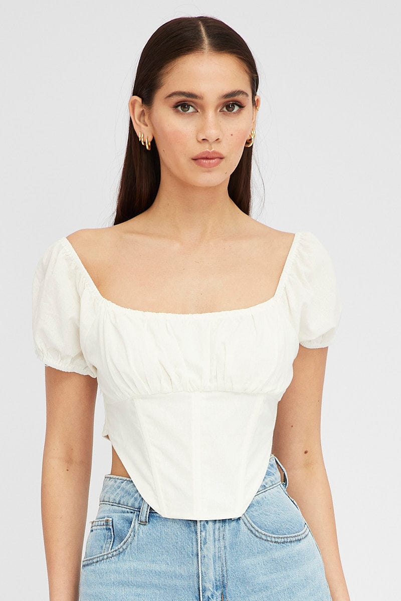 White Crop Top Short Sleeve Square Neck for Ally Fashion