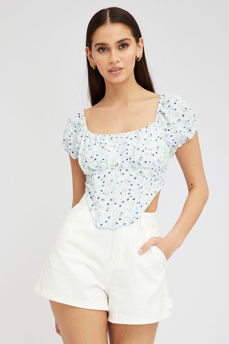 Blue Ditsy Crop Top Short Sleeve Square Neck for Ally Fashion