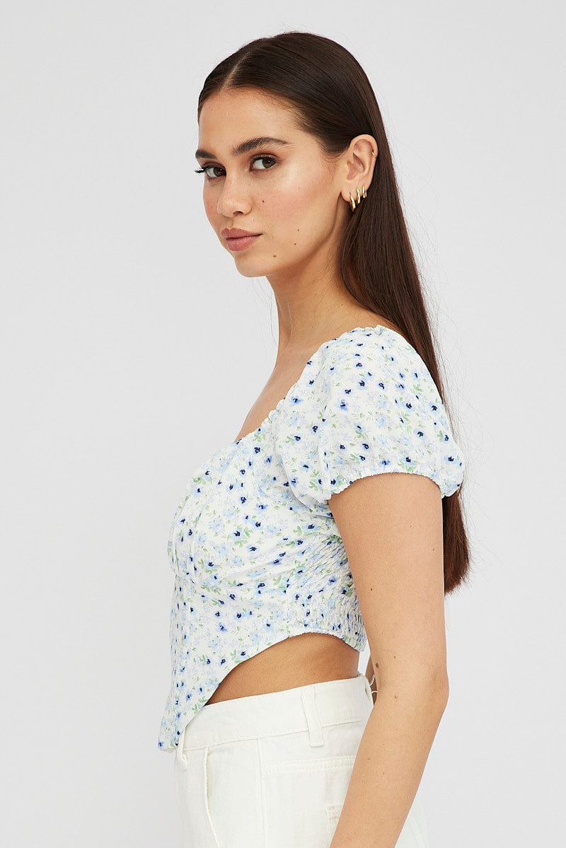 Blue Ditsy Crop Top Short Sleeve Square Neck for Ally Fashion
